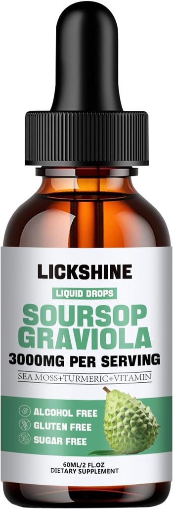 1 Packs 3000MG Soursop Graviola Liquid Drop for Cell Support &Regeneration, Immune, Gut, Antioxidant, Mood, Relaxa, Ficat și somn Zzz - Soursop Graviola Leaf Extract, Sea Moss, Turmeric - 2Fl Oz