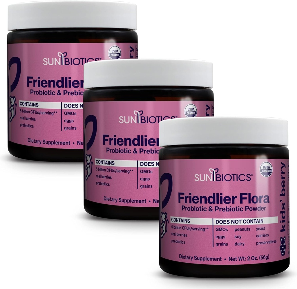 SUNBIOTICS Friendlier Flora - copii Prebiotic și supliment de pulbere probiotic cu 5 miliarde de CFU de 5 tulpini probiotice pentru Flora bun gust, Sistemul imunitar, Microbiom & echilibrat - Berry, (Pachet de 3)