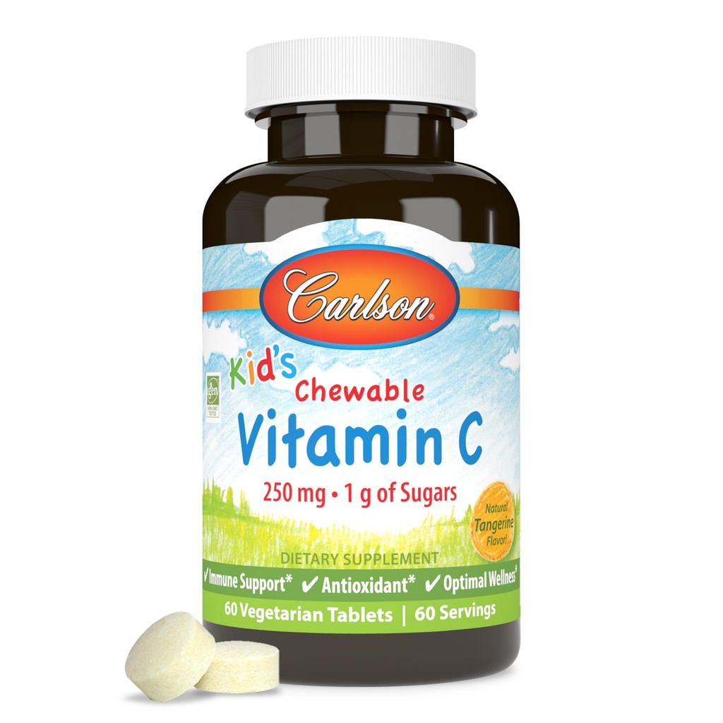Carlson - Kid Chewable Vitamina C, 250 mg, 1 g de Sugars, Immune Support & Optimal Wellness, Antioxidant, Tangerine, 60 Vegetarian Tablets