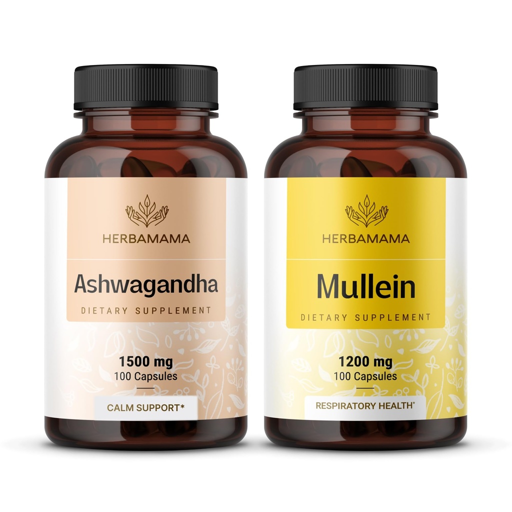 HERBAMAMA Ashwagandha și Mullein Kit - Bundle of 1500 mg Ashwagandha Root & 1200 mg Mullein Leaf Capsule 100 Caps - Vegan, Non-GMO, Sugar & Alcool-Free - 2 Pack