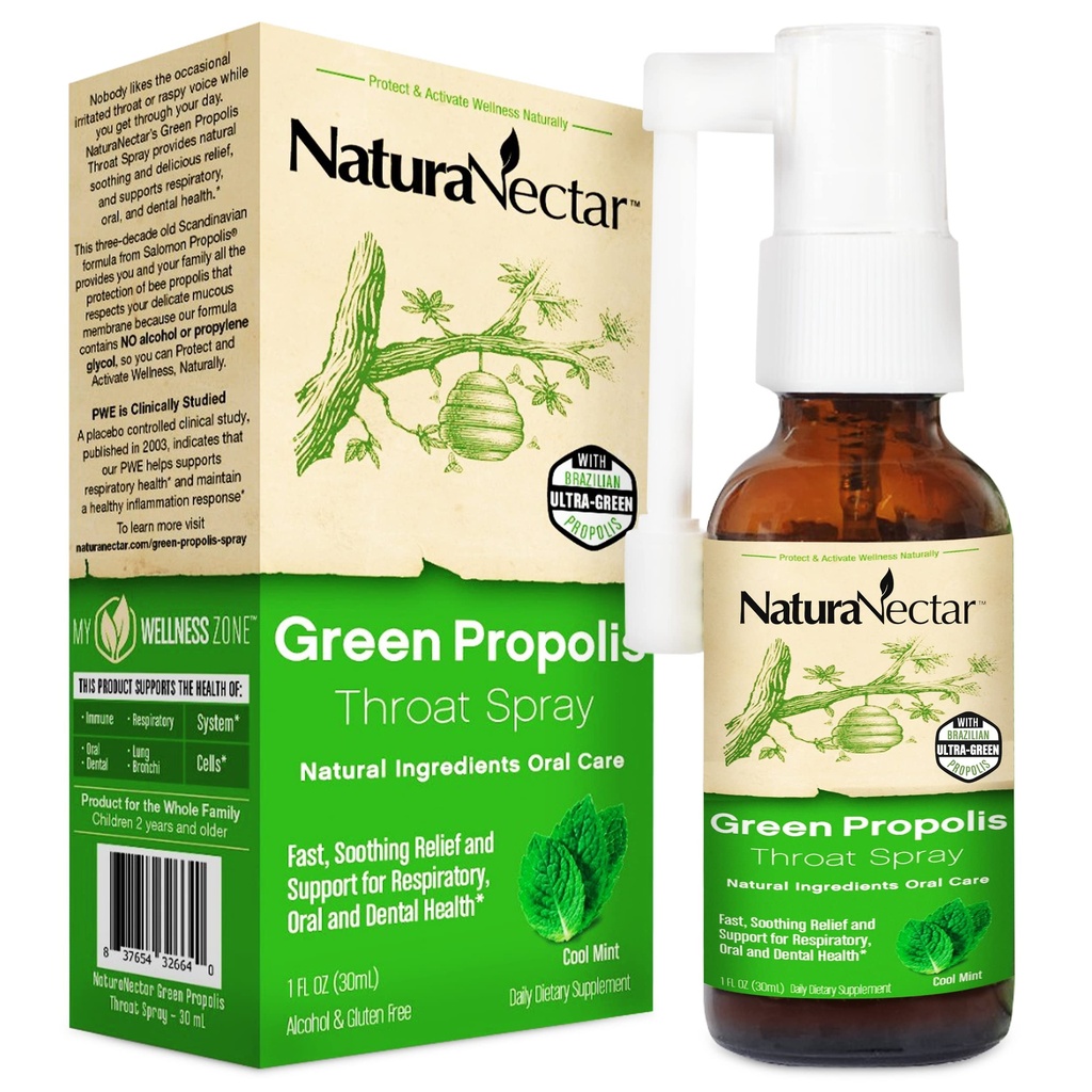 NaturaNectar - Green Propolis Spray - Unique, Soothing Throat Care Relief cu Brazilian Bee Propolis - Natural and non-Alcoic Throat Care Formula de apicultură durabilă (1-Pack, 30mL)
