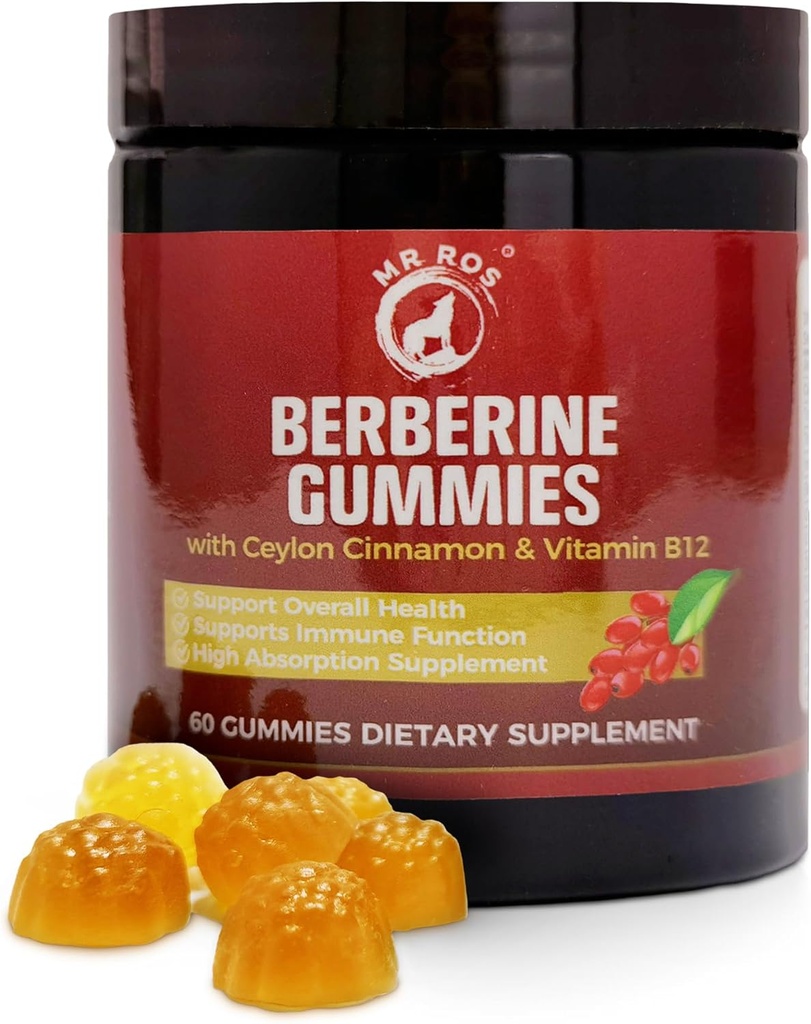 Premium Berberine Gumries 1500mg - Suport metabolic fără zahăr cu scorțișoară ceylon, crom, magneziu, zinc & B12-60 conte