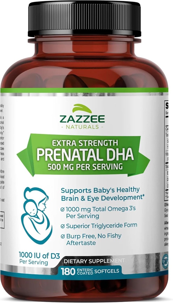 Zazzee Extra Force Prenatal DHA 500 mg, 180 Enteric Coatd Softgels, 1000 mg Omega 3 