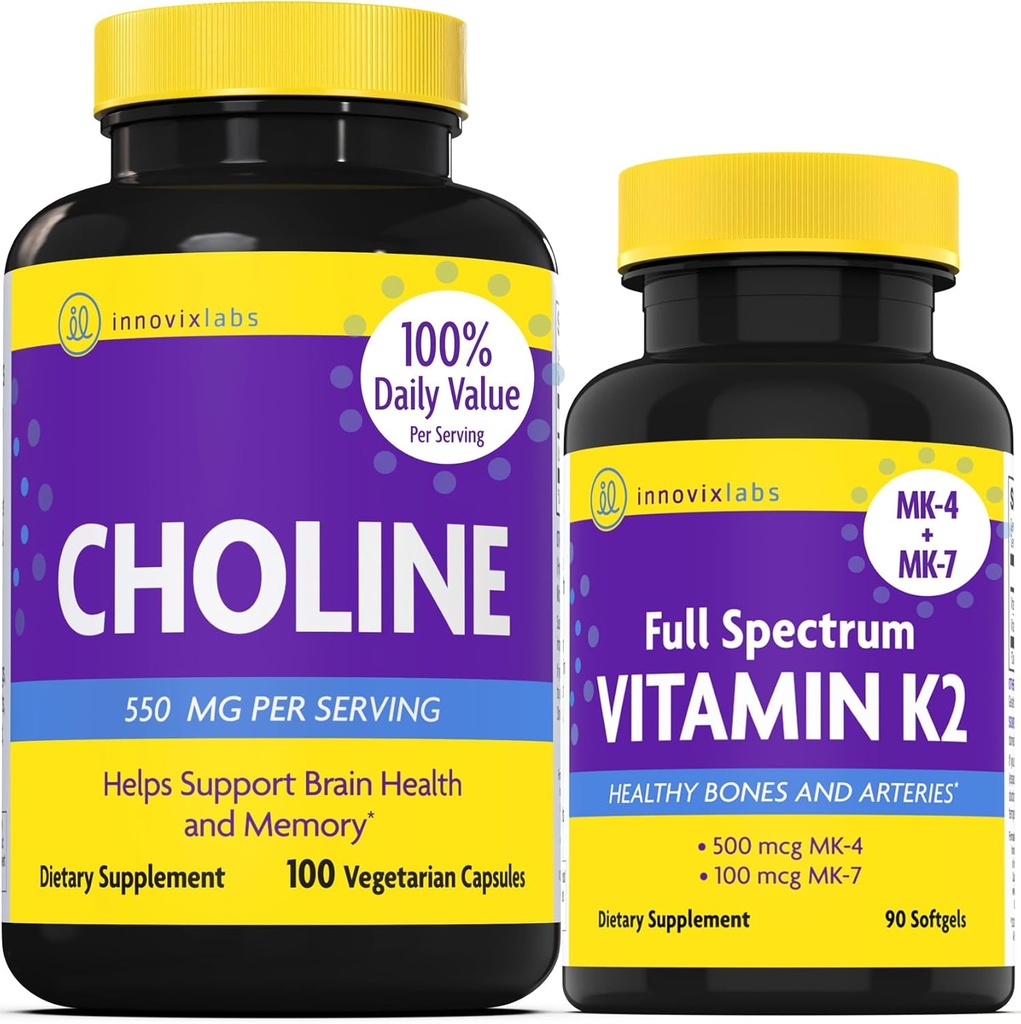 InnovixLabs Choline & Vitamina K2 Bundle Choline Bitartrat 550 mg (100 capsule) Spectrum Vitamina K2 (90 Softgels). Suportă Memorie, Mood, Brain Health & Boost Cognitive.*