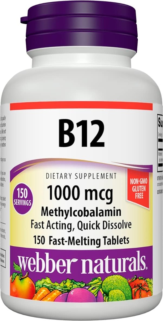 Webber Naturals Vitamina B12 1000 mcg, 150 Conte, comprimate de dizolvare rapida, Supliment de vitamina suport pentru metabolismul energetic, Imun si Heart Health, Formula vegetariana, 150 zile de aprovizionare