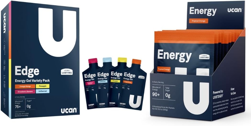 UCAN de formare Starter Pack, Edge Energy Gel Variety Pack, Energetic Powder Tropical Orange, Pre & Post Antrenament pentru bărbați și femei 