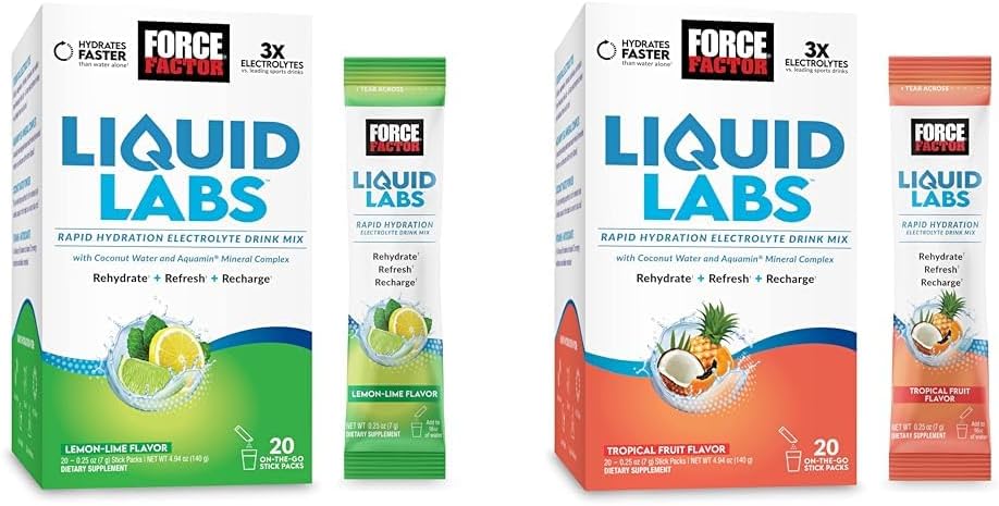 Bundle of Force FACTOR Liquid Labs Electrolytes Powder, Pachete de hidratare pentru a face apa electrolitică cu vitamine, minerale, și antioxidanți. Aromă de lămâie + Aromă de fructe tropicale, 40 Stick Packs
