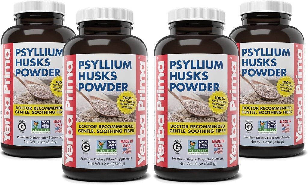 Yerba Prima Psyllium Husks Powder - 12 oz (Pachetul de 4) - Natural Fiber Supplement - Colon Cleanse - Gut Health - Vegan, Non-GMO, Gluten-Free (Nou eticheta - ambalare mai Vary)