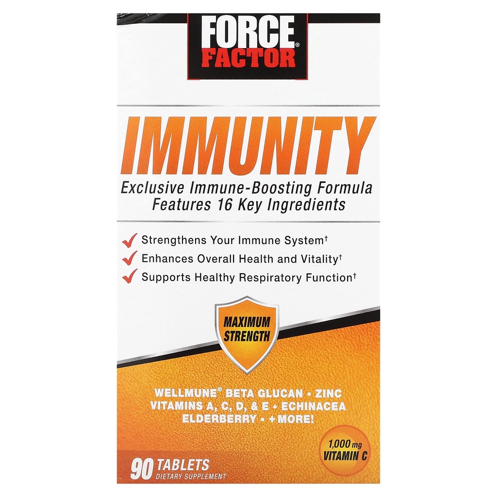 Force FACTOR Imunity, Immune Support Booster cu Elderberry și 1000mg de vitamina C, Plus Vitamina D, Zinc, Probiotice, Querbetin, Antioxidanti, și Echinacea pentru apărarea sănătății imune, 90 comprimate