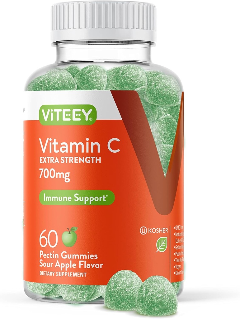Gume de vitamina C masticabile Viteey pentru adulți - 700 mg supliment de sprijin imun cu rezistență suplimentară - Vegan, Gluten gratuit - 60 Conte