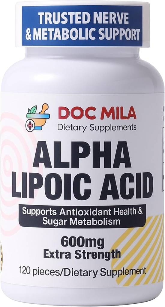 Alpha Acid lipoic 600mg 120 Caplete - Nervi Sciatica Suport neuropatie periferică - Gluten gratuit, Vegan & Non-GMO pentru adulți