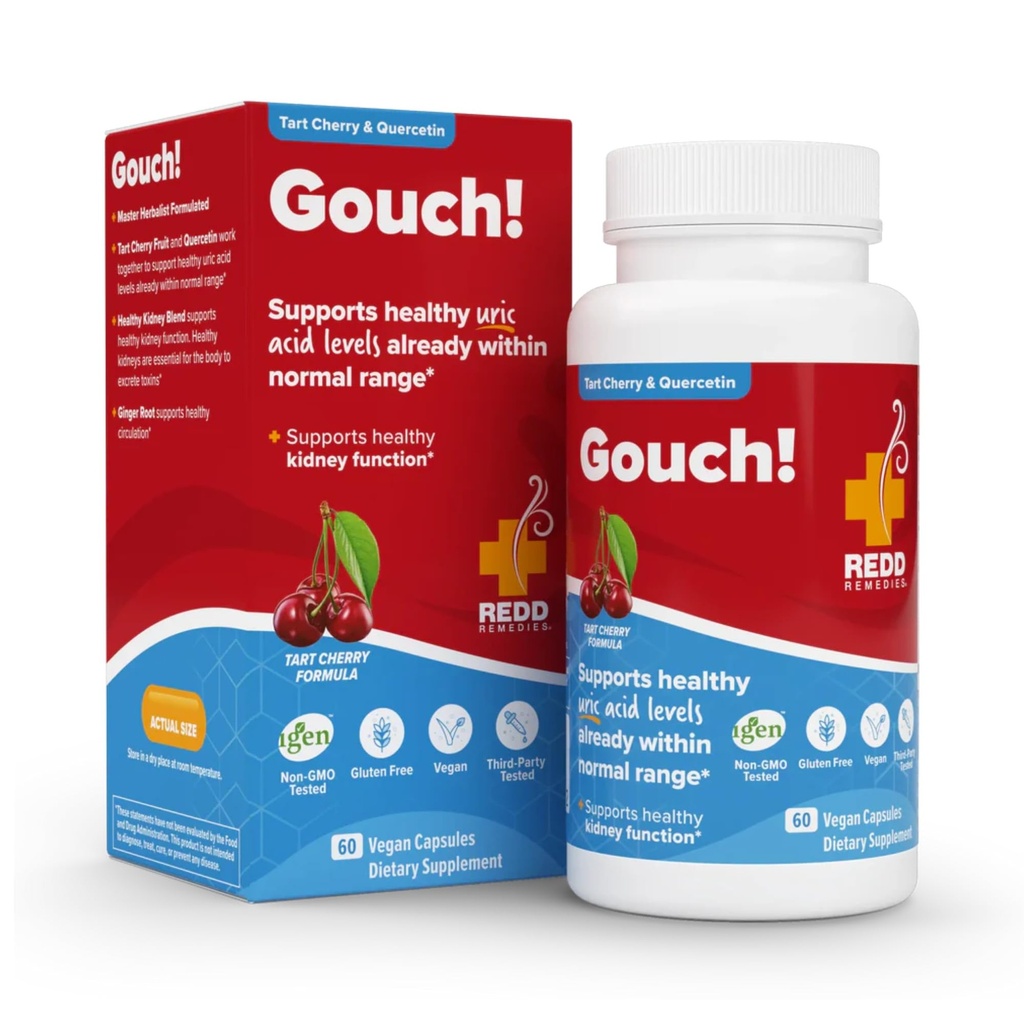 Remedii Redd, Gouch!, Suport suplimentar pentru articulații și niveluri de acid uric, Încurajează un răspuns inflamator sănătos, Tart Cherry & Querbetin, 60 capsule Vegan