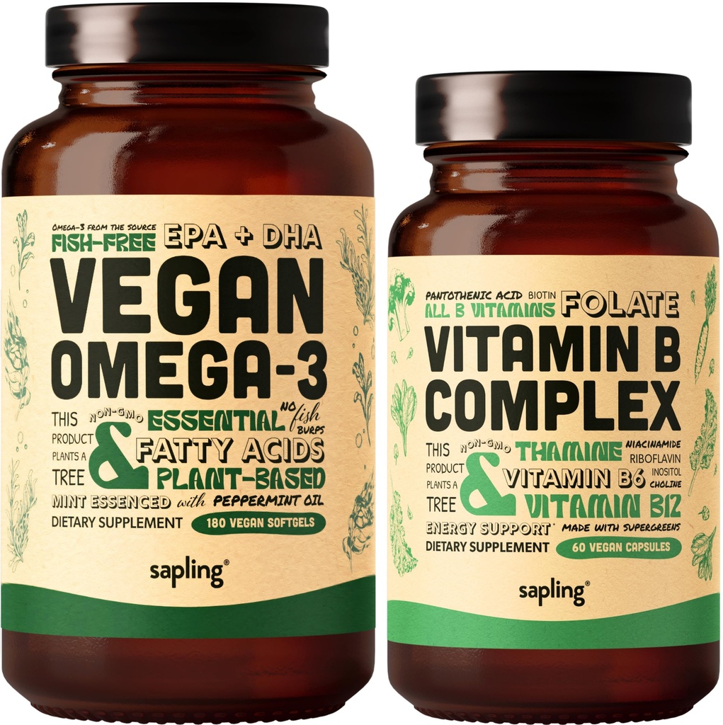 Vegan Omega 3 180 Softgels & Vegan Vitamina B Complex Bundle - Plant-Based DHA & EPA Acidi grasi, Vitamine esentiale B cu amestec alimentar integral, B1, B2, B3, B5, B6, B7, Folate