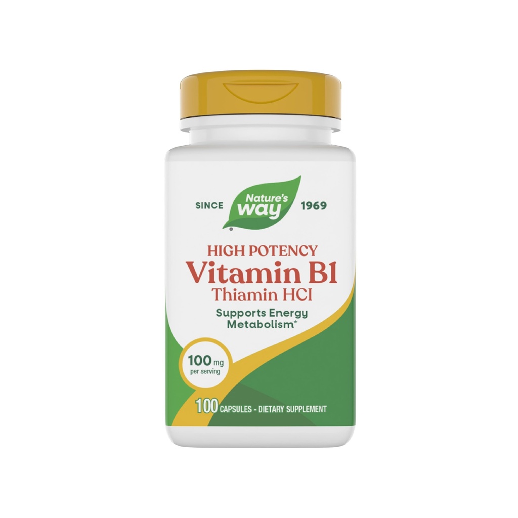Natura's Way Vitamin B1, High Potenty, 100 mg Tiamin per Serving, Tiamin HCl, suporta metabolismul energetic*, Gluten Free, 100 Capsule (Packaging May Vary)