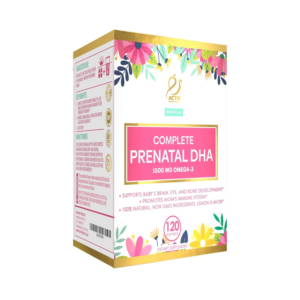 Actif Complete Prenatal DHA cu 1500mg Omega-3, 100% Natural, Organic DHA, EPA, Omega 3 - Non-GMO, 90 Gume