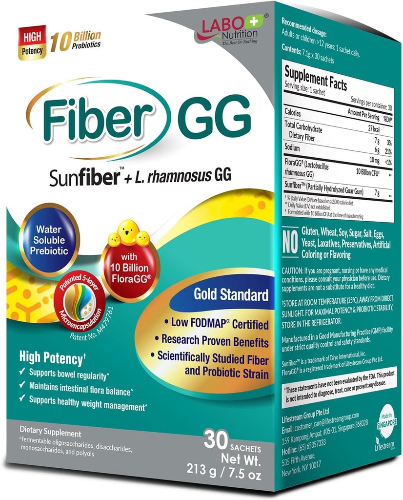 Labo Nutrition Fibergg, Lactobacillus Rhamnosus GG 10 Miliarde CFU Probiotice active și 7g Sunfiber Prebiotic Fiber Supliment, Suport Intestinal Sanatos, Immune Health, Gluten Free, 30 Sachete
