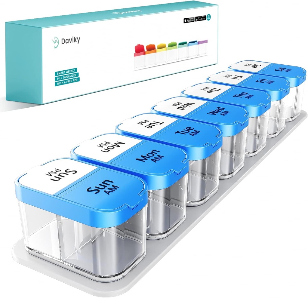 Daviky Large Pill Organizator 2 ori pe zi - XL Pill Box 7 zile, Big Vitamine Holder cu 7 Compartimente detasabile AM/PM, Big Supliment Container pentru Weekly sau Daily Use (Blue)