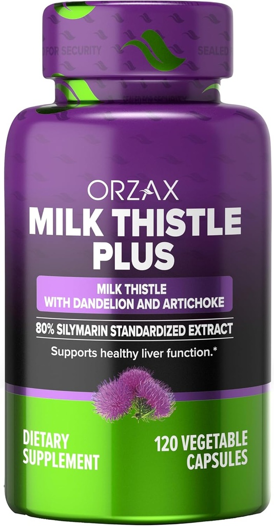 ORZAX Milk Thistle 250 mg - Liver Cleanse Detox & Suport pentru reparații - Herbal Supplement - 80% Silymarin Standardizat, Dandelion Root & Anghinare Extract - Vegan & Non-GMO - 120 Capsule - 120 Day Supply