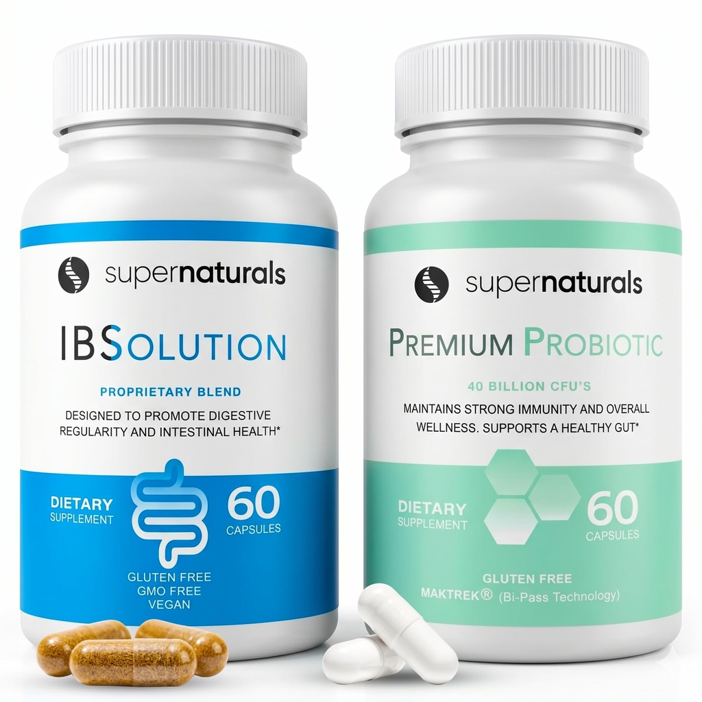 IBSolution Gut Health Bundle - All Natural Gut Health Support & Premium Probiotices w/ 40 Miliarde CFU pentru susținerea Bowels neregulate, Blooting, Constipație, Gaz, Durere abdominală - 2 Pack (120 Capace)