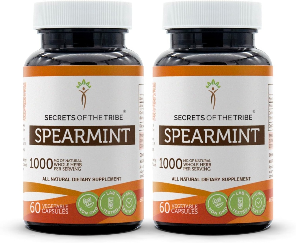 Secretele capsulelor de Spearmint din trib 1000 mg Spearmint (Menta Spicata) Leaf uscat, Suplimentul de susţinere al hormonului feminin (2x60 capsule)