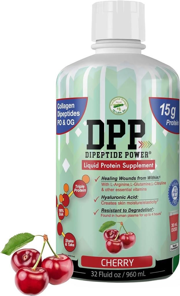 DPP Dipeptide Putere, Răni-Vânătoare, 30X Mai mult Colagen Dipeptide decât pulbere, supliment de proteine lichide, Zahăr-Free, Sprijină Reparații de țesuturi sănătoase, Ulcer de picioare, Chirurgie cosmetică (Cherry, 32 Fl Oz)