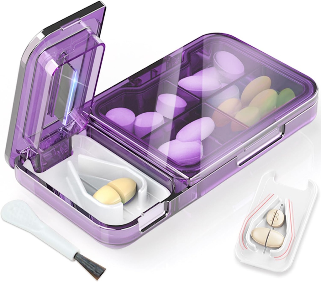 Pill Cutter Splitter pentru pastile mici sau mici. 2-in-1 Travel Pill Box & Pill Splitter - capacitate mare 4 Compartimente Pilula Organizator - Detasabil Nonslip V-shaped Pad. Wrap-Around Blade Guard (Purple)