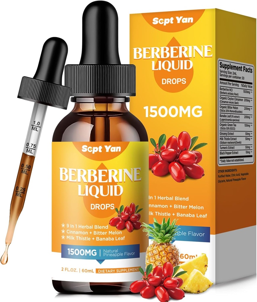 Berberine Supliment lichid picături - Berberine 1500mg cu Ceylon Scorțișoară, Bitter Melon, Banaba Leaf, Turmeric pentru Immune, Digestion System, Inima de sprijin, Natural Ananas aroma, 2 Fl Oz