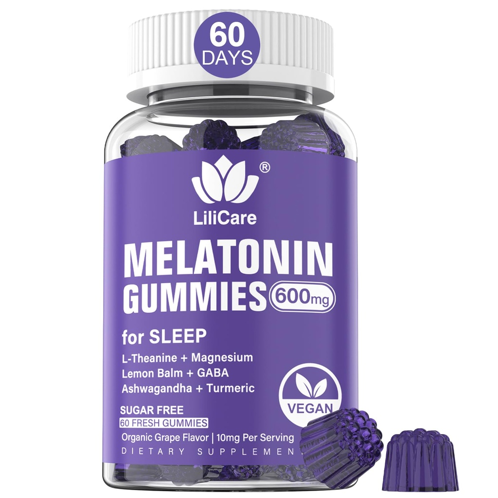 Melatonina Gummies 10mg 20mg pentru adulți, Extra Putere cu L-Theanine, Ashwagandha, Magneziu, Turmeric, GABA, Lemon Balm și Chamomile pentru Suporturi Health Circadian Rhythm, Vegan Grape Flavor