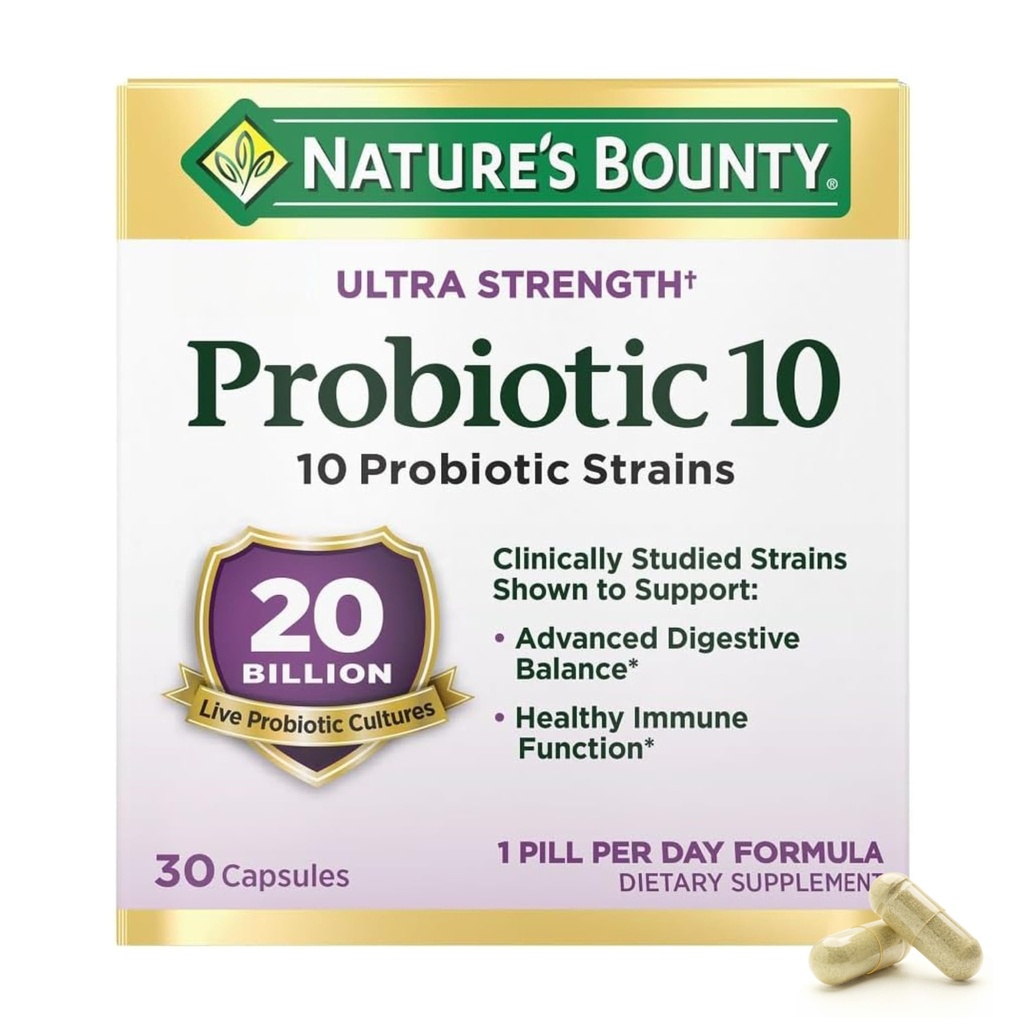 Natura's Bounty Probiotic 10 Zilnic Probiotic Supliment pentru Digestive, Immune, și suport respirator superior, Rezistență Ultra, 30 Capsule 1 ambalaj