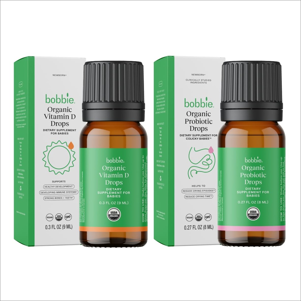 Bobbie Organic Baby Vitamina D și picături probiotice Bundle, Suplimente lichide zilnice pentru Imun, Dinți, Oase și Digestive de asistență medicală la nou-născuți și sugari, Vegan, Formula Infant-Prietenie