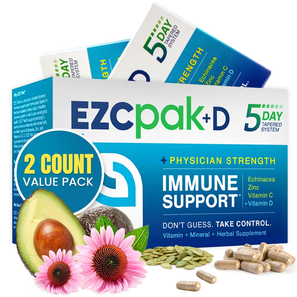 EZC Pak 5-Day Immune System Booster cu Echinacea, Vitamina C, Zinc & Vitamina D - Tained Immune Supplement Supplement pentru Adulți - Suporturi Imunitate, Easy Travel-Size Supliment Pack - (Pachet de 2)