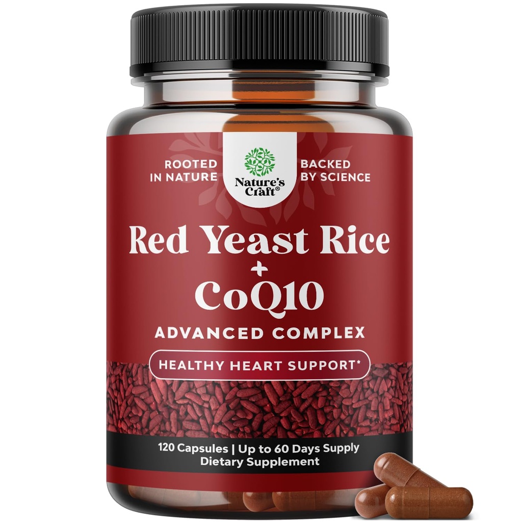 Red Yeast Rice cu supliment CoQ10 - Advanced Healthy Heart & Healthy Cholesterol Levels Formula pentru bărbaţi şi femei - extra Putere Capsule cu Red Yeast Rice 1200 mg capsule cu CoQ10-120 Conte