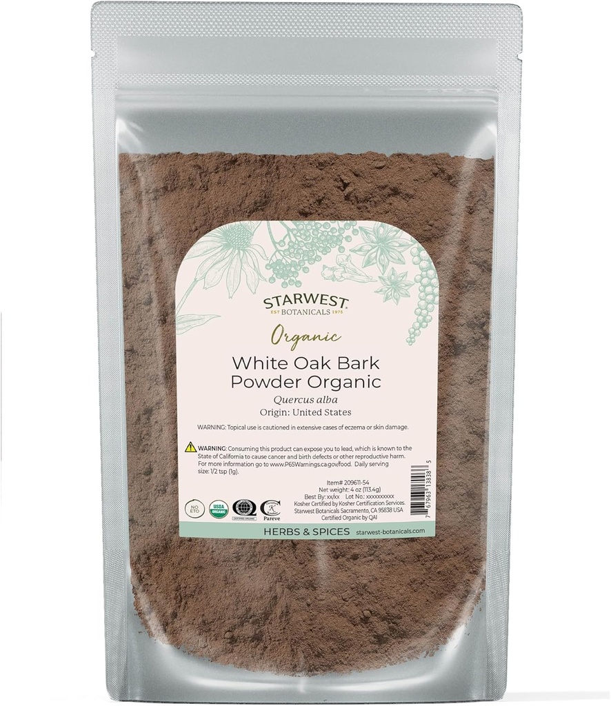 Starwest Botanics White Oak Bark Powder Organic - Herb uscat pentru Ceai & Natural Herbal Blends, Pure Quercus Alba, Certified Kosher, Non-GMO - 4 oz Pouch