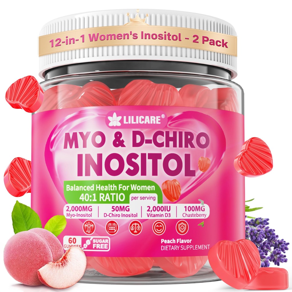 Inozitol Gumries pentru femei + Chasteberry, Myo-Inositol & D-Chiro Inositol 2000mg + 50mg Ideal 40:1 Raport cu metilat B12 & Folat, Choline, Magneziu, Vitamina D3 pentru sănătate generală, Pachet de 2