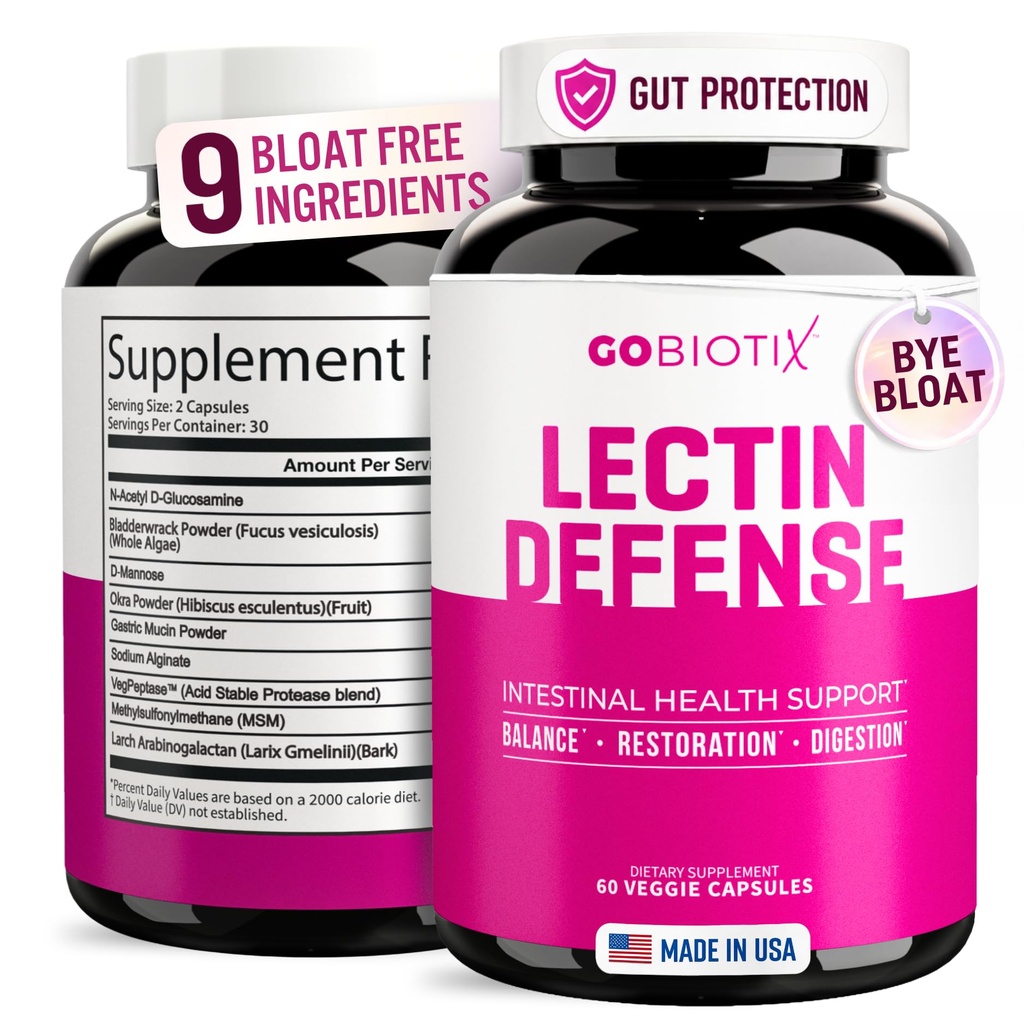 GOBIOTIX Lectin Defense - Lectin Blocker Supliment pentru Leaky Gut cu MSM și enzime digestive - SIDA în sănătatea intestinală pentru femei și bărbați - non-GMO + Gluten gratuit - 60 capsule (1)