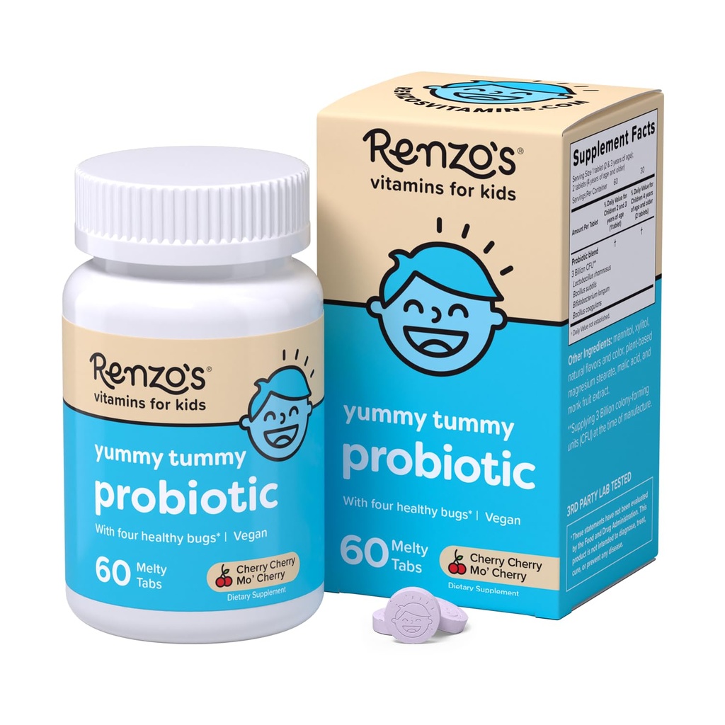 Renzo's Kids Probiotic, Probiotice Dizolvabile pentru Digestive Health & Immune Support, 60 Cherry-Flavored Melty Tabs