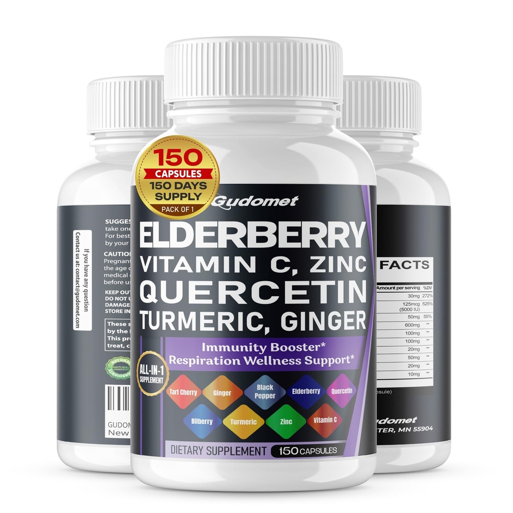 Elderberry Quercetin Bilberry Tart Cherry Ginger Vitamina C Vitamina D3 Zinc Black Pepper -150 Capsule - Made in USA