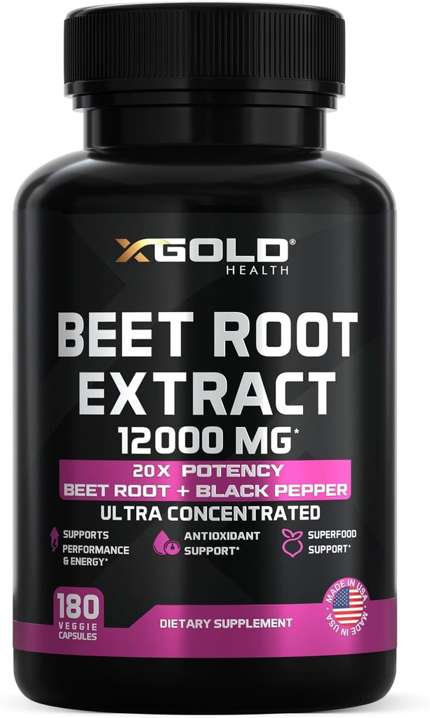 Extract de rădăcină de sfeclă - 12000mg 20x capsule de sfeclă concentrată Supliment w / Pepper negru - Nitrați mari - Booster de oxid de azot natural - Foarte concentrat și Biodisponibil - Made in USA -180 Caps