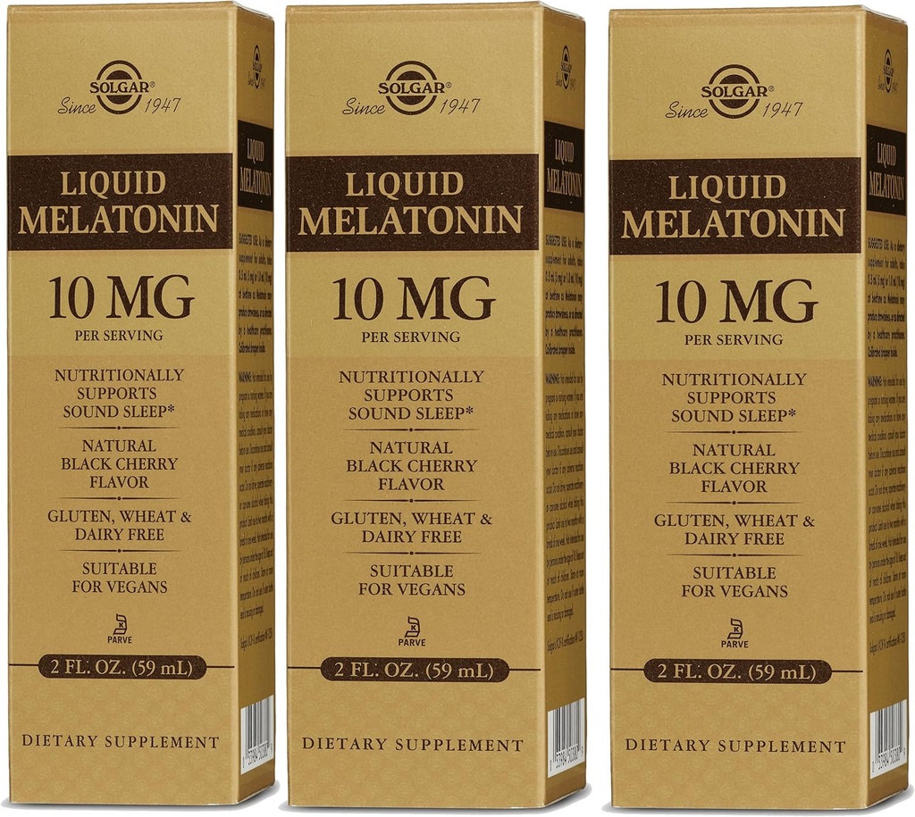 Solgar lichid Melatonina 10 mg, Aroma de cireșe negre naturale - 2 fl oz, pachet de 3 - mare pentru Jet Lag - Vegan, Gluten gratuit - 177 Serviri totale