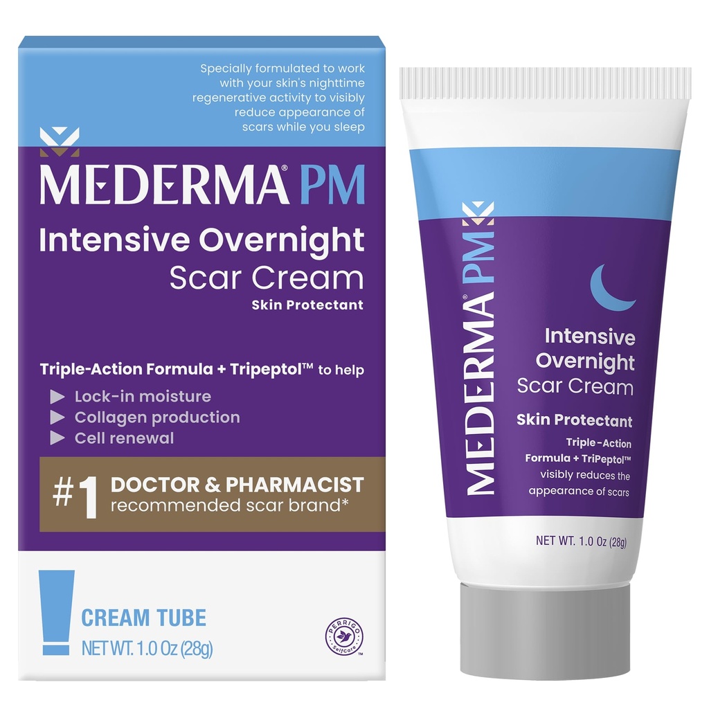 Mederma PM Intensive Overnight Scar Cream, Lucreaza cu activitatea de regenerare a pielii pe timp de noapte, clinic arătat pentru a face cicatrici mai mici și mai puțin vizibile, 1.0 Oz (28g)