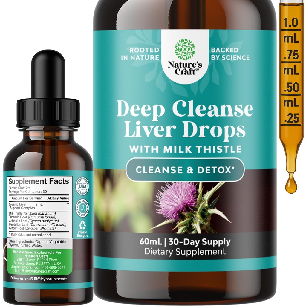 Deep Liver Cleanse, Detox & Reparații cu picături de lichid de muls de lapte - Detoxifiere de ficat Extract de anghinare lichidă cu frunze de păpădie, Curcumină ghimbir și turmeric pentru imunitate și curățare zilnică - 2Fl OZ