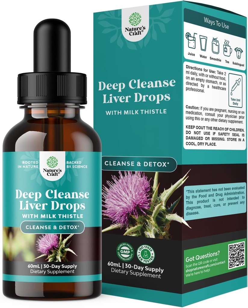 Deep Liver Cleanse, Detoxifiere & Reparatii cu Milk Thistle Picături lichide - Extract de Detoxifiere Liquid Anghinare cu Dandelion Leaf, Curcumin Ginger & Turmeric pentru Imunitate & Daily Cleanse - 60 ml Sticla