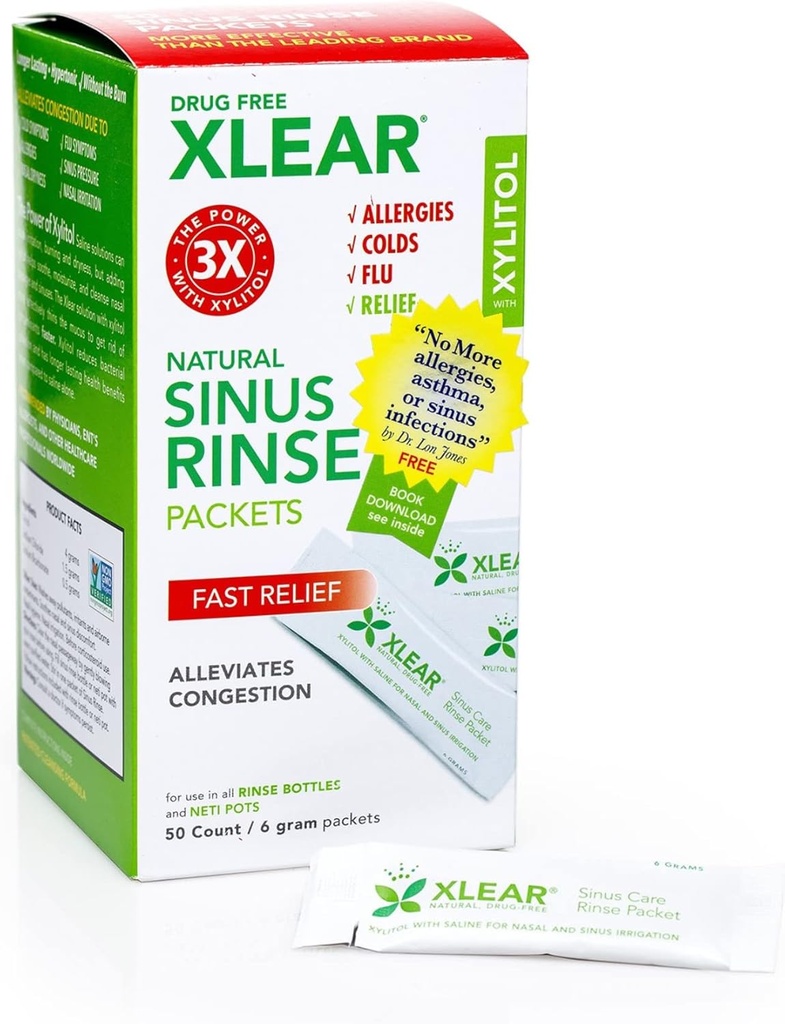 Xilitol natural Xilitol Sinus Clătire Refill, Neti Pot Pachete Saline - Curățare nas pentru presiune rapidă și congestie ajutor, Lucrează cu cele mai multe sisteme de irigare nazale, 50 Conte (Pachet de 1)