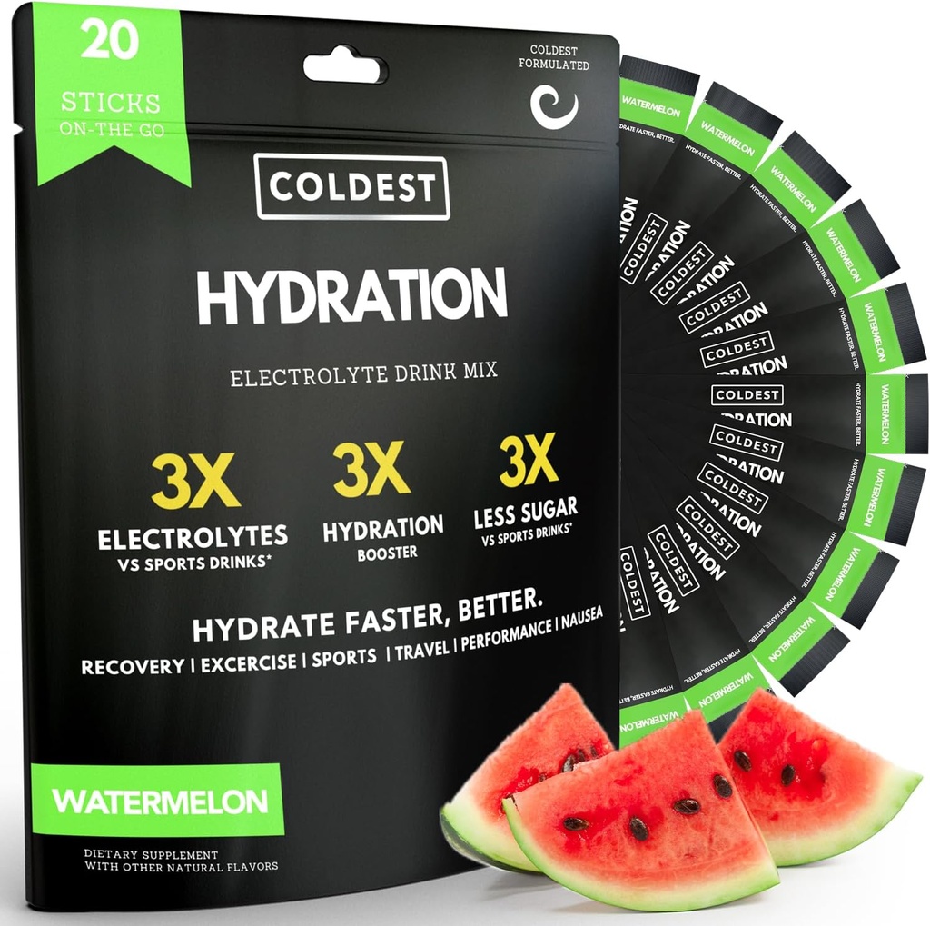Cel mai rece hidratare - Electroliți Pachete cu pulbere - fără OMG-uri și fără zahăr artificial - Electrolit Drink Mix - Easy Open Single-Serving Stick Drop in Water - 20 Sticks per Pack (Watermelon)