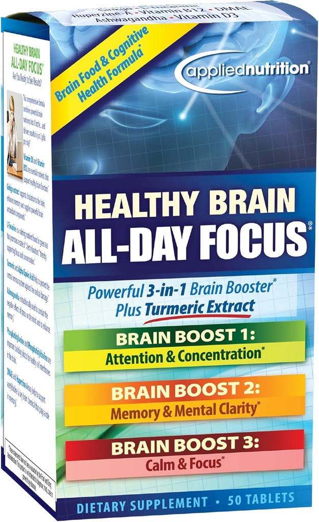 Nutriție aplicată Healthy Brain All-Day Focus - 50 comprimate - Puternic 3-in-1 Booster creier cu extract Turmeric - 25 Servings