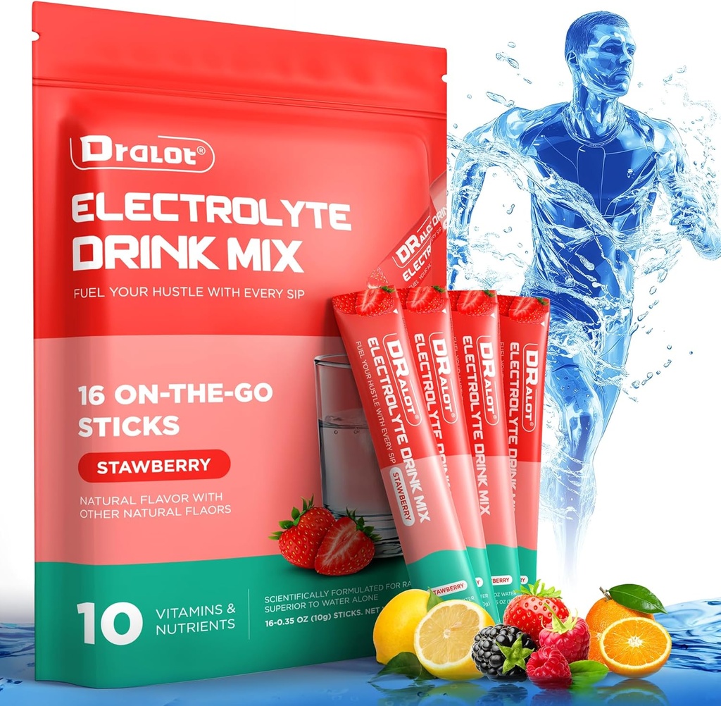 Electroliţi de zahăr Pulbere cu arome naturale, 3X Pachete de hidratare rapidă cu 10 Electroliţi & Vitamine, Liquid Daily IV, Non-GMO, Gluten-Free, Keto, Vegan, 16 Sticks, Căpşuni