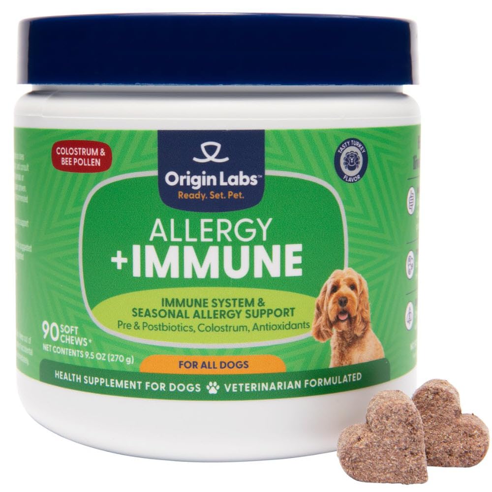 Origine Labs Alergia și Suplimentul de sprijin imun, Omega 3 Ulei de pește, Bee Polen, Colostrum, Probiotice, Prebiotice pentru Sănătatea Gutului, Piele și Haină, Antioxidanți, Aroma Turcia, 90 Chews moale