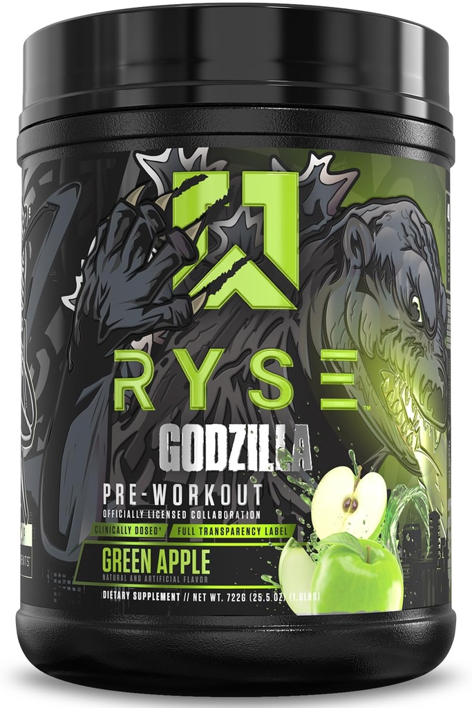 RYSE Godzilla X Noel Deyzel Pre Workout Powder - Green Apple - 400mg Caffeine, High Stim Pre-Garning pentru bărbaţi şi femei cu citrulline & Beta Alanine - Energie, Pompă & Focus - 20/40 Serviri