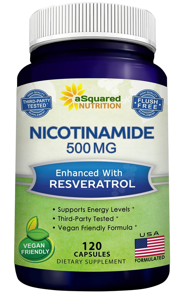 aSquared Nutrition Nicotinamida cu Resveratrol - 120 Veggie Capsule - Vitamina B3 500 mg (Niacinamidă Flush Free) - Supliment pastile pentru a sprijini NAD, Skin Cell Health & Energy