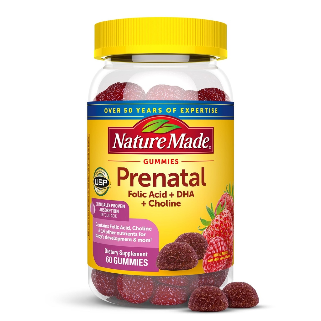 Nature Made Gume prenatale cu DHA și acid folic, vitamina prenatală și Suplimentul mineral pentru suport nutrițional zilnic, 60 gume, 30 zile de aprovizionare